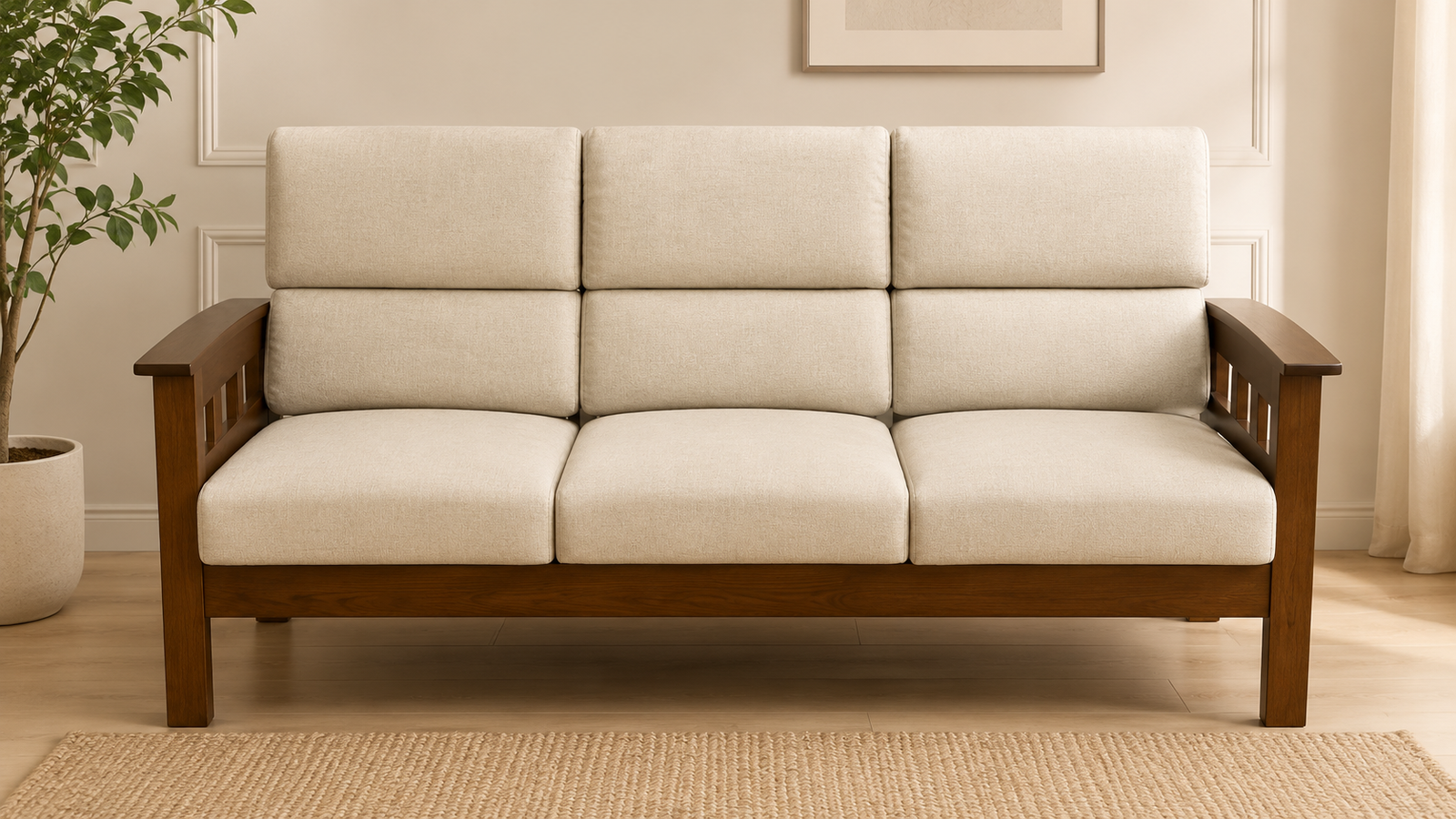 Avira Solid Wood 3 Seater Sofa with Soft Cushioned Seat and Backrest (1) Avira Solid Wood 3 Seater Sofa with Soft Cushioned Seat and Backrest - Image 1