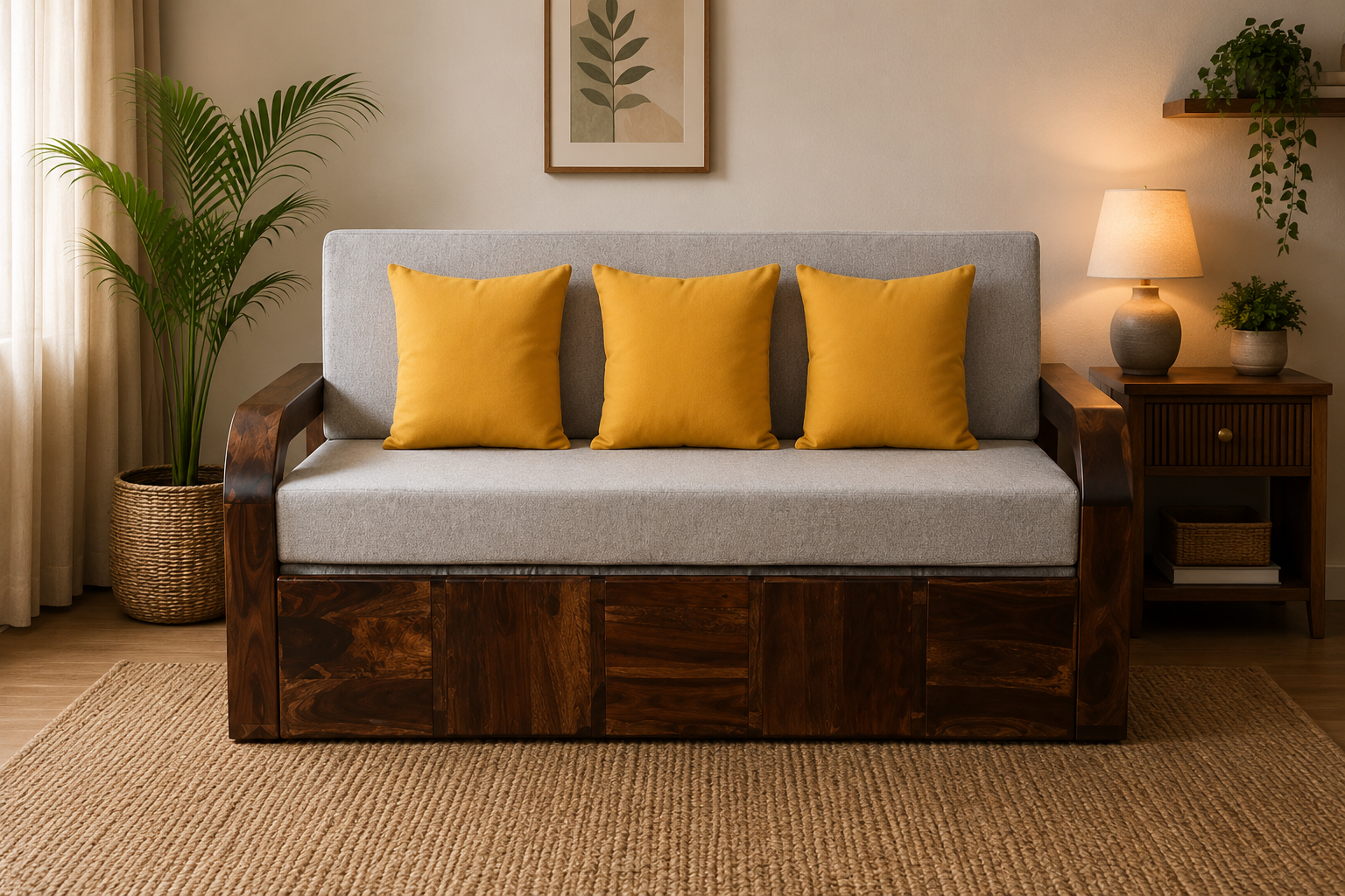 Avira Solid Wood Sofa Cum Bed with Soft Cushioned Seating and Backrest (1) Avira Solid Wood Sofa Cum Bed with Soft Cushioned Seating and Backrest - Image 1