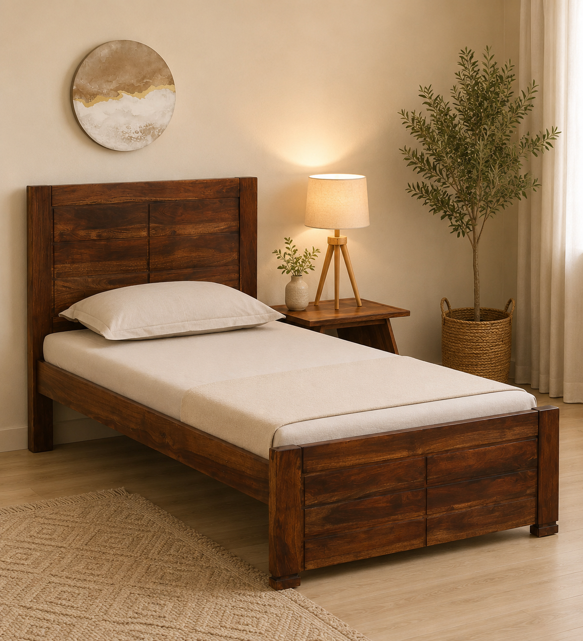 Avon Solid Sheesham Wood Single Bed with Panelled Headboard in Natural Finish (1) Avon Solid Sheesham Wood Single Bed with Panelled Headboard in Natural Finish - Image 1