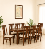 Benson Solid Sheesham Wood 8 Seater Dining Table with Fabric Upholstered Chairs in Provincial Teak Finish