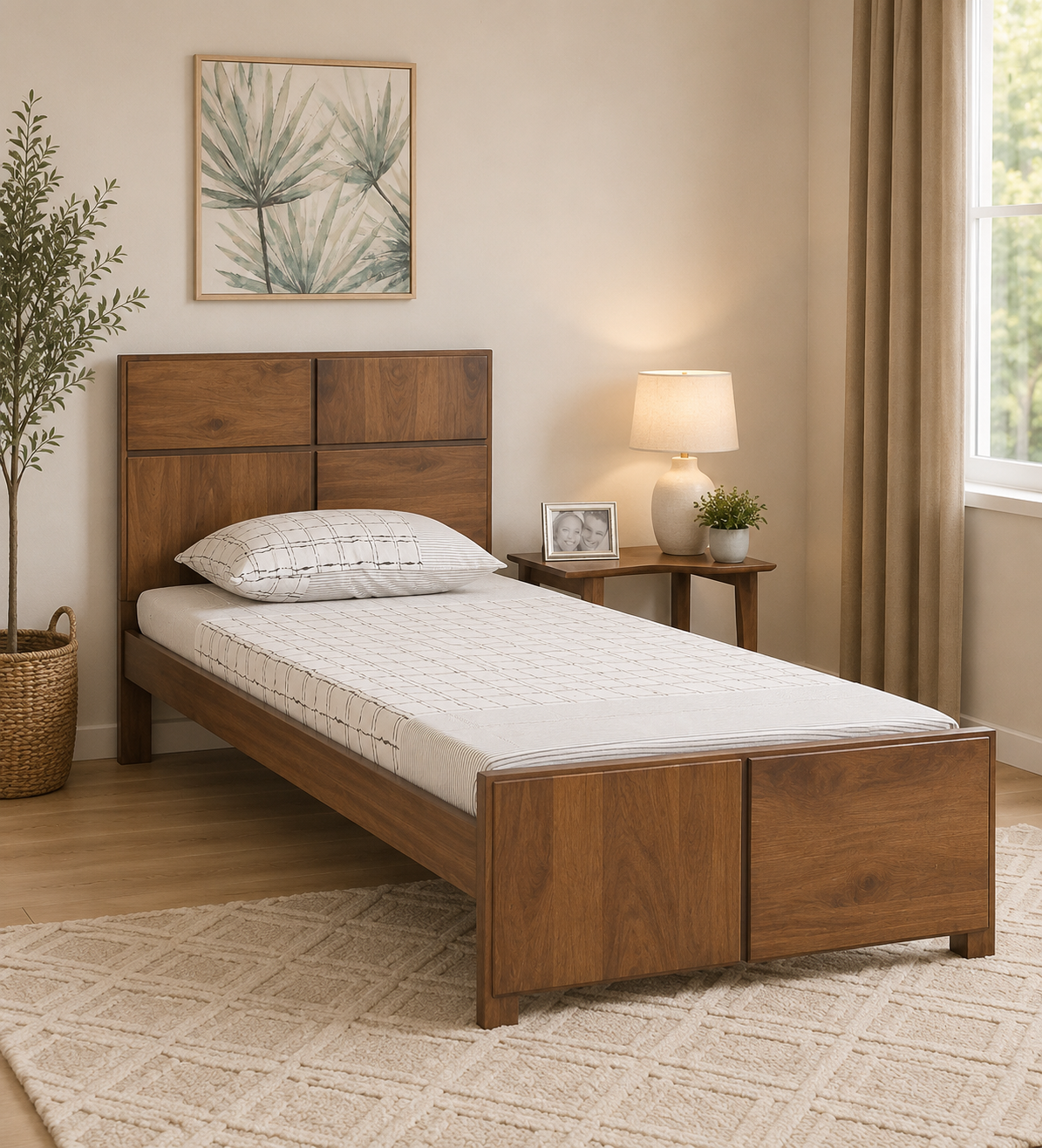 Benson Solid Sheesham Wood Single Bed with Sleek Headboard in Provincial Teak Finish (1) Benson Solid Sheesham Wood Single Bed with Sleek Headboard in Provincial Teak Finish - Image 1