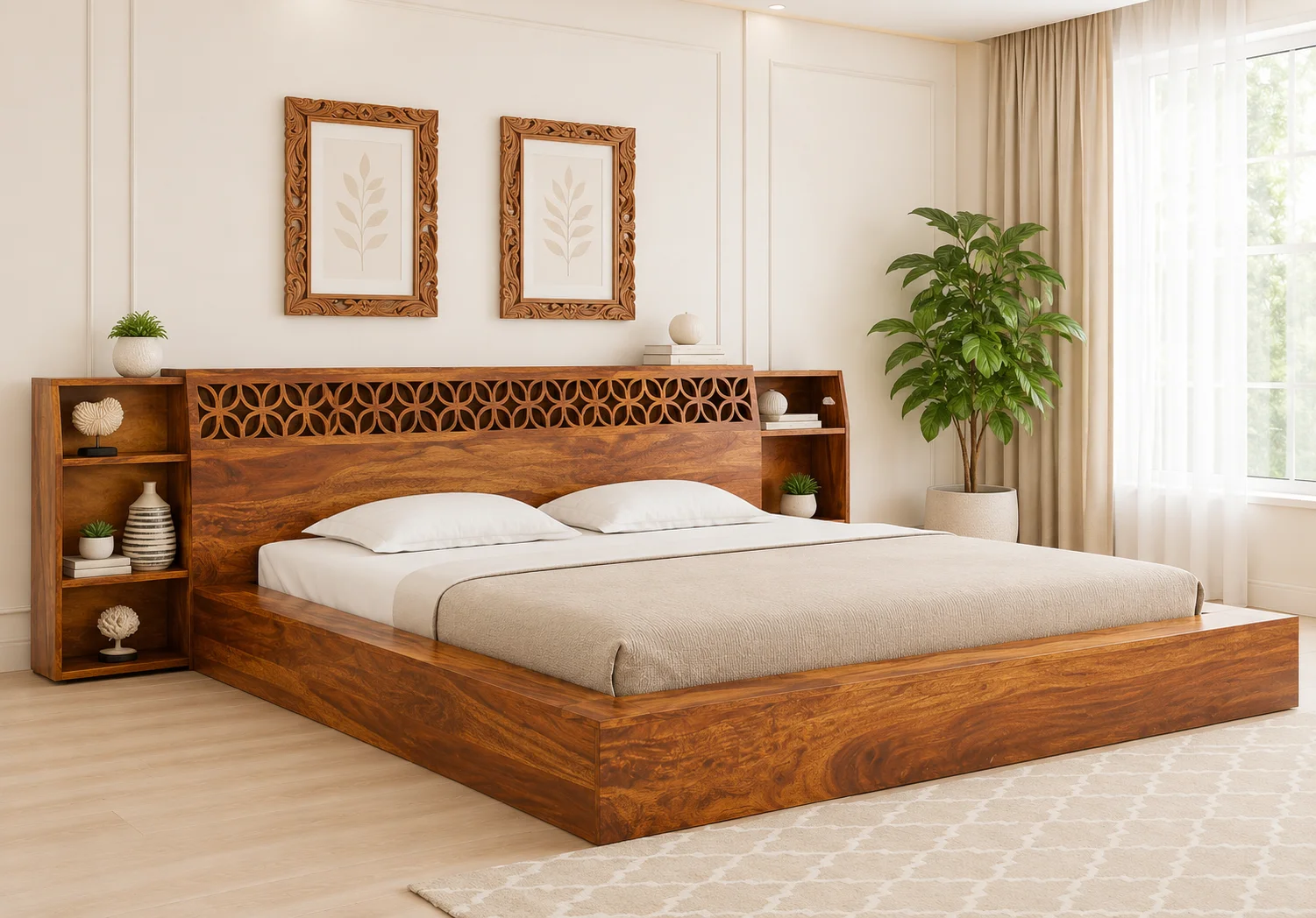 Bergen Sheesham Wood Bed In Walnut Finish With Storage (1) Bergen Sheesham Wood Bed In Walnut Finish With Storage - Image 1