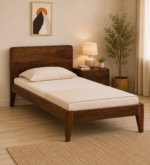 Cedar Solid Sheesham Wood Single Bed with Wooden Backrest in Rustic Teak Finish