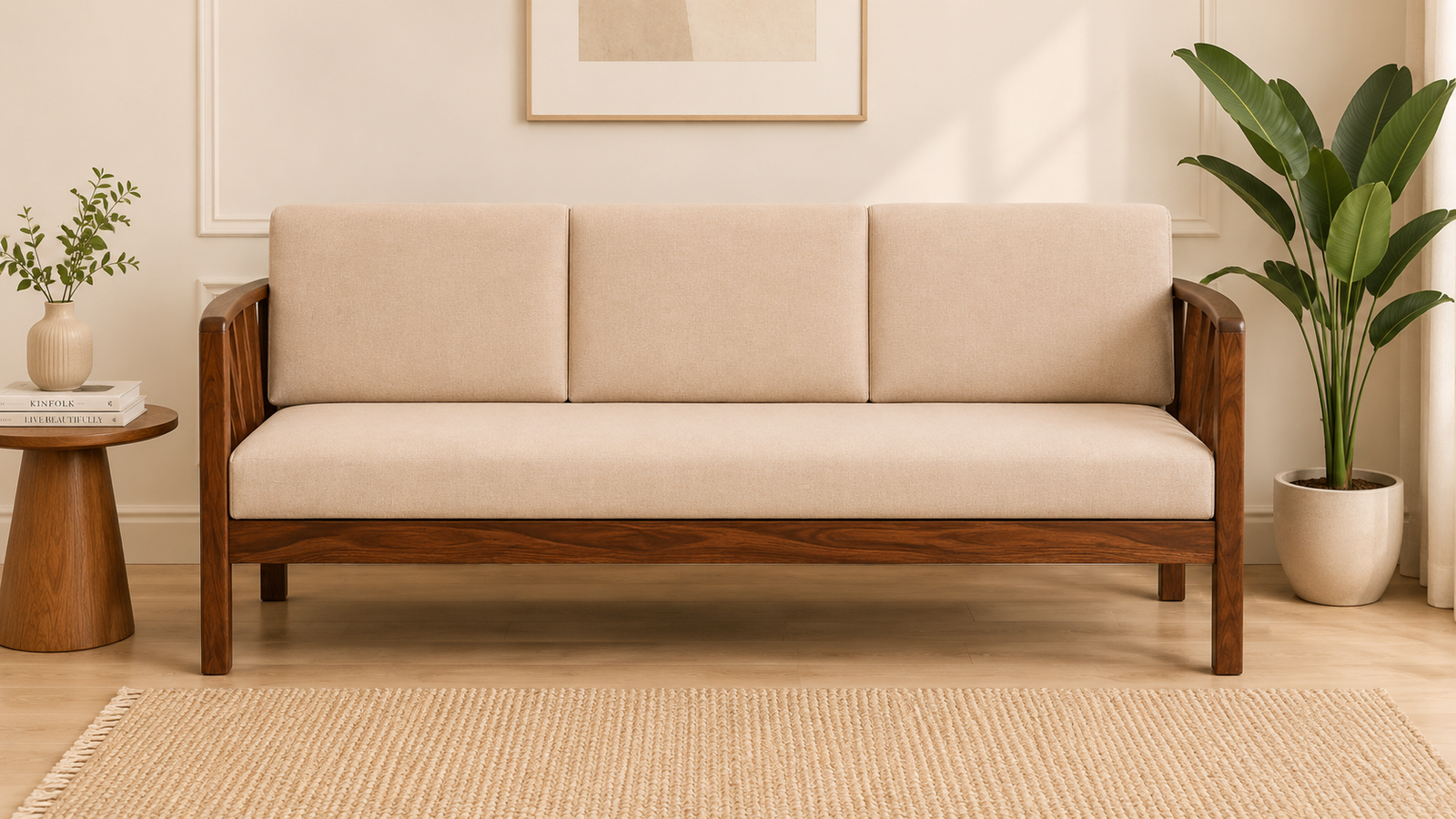 Dhruv Sheesham Wood 3 Seater Sofa with Classic Wooden Armrests (1) Dhruv Sheesham Wood 3 Seater Sofa with Classic Wooden Armrests - Image 1