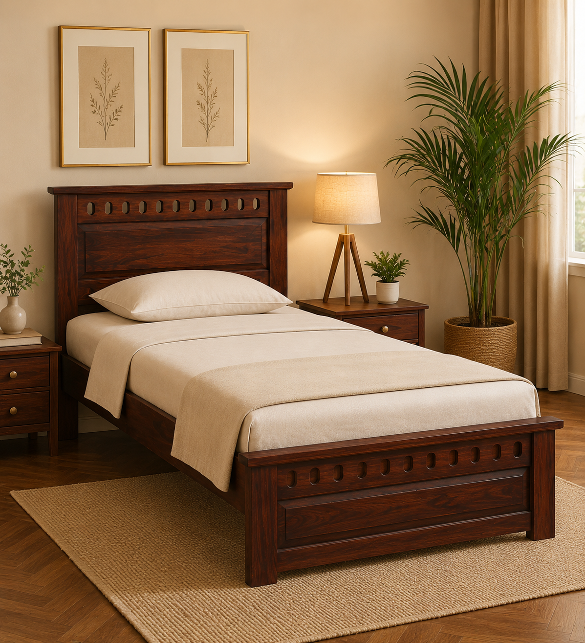 Elton Solid Sheesham Wood Single Bed with Contemporary Headboard in Natural Teak Finish (1) Elton Solid Sheesham Wood Single Bed with Contemporary Headboard in Natural Teak Finish - Image 1