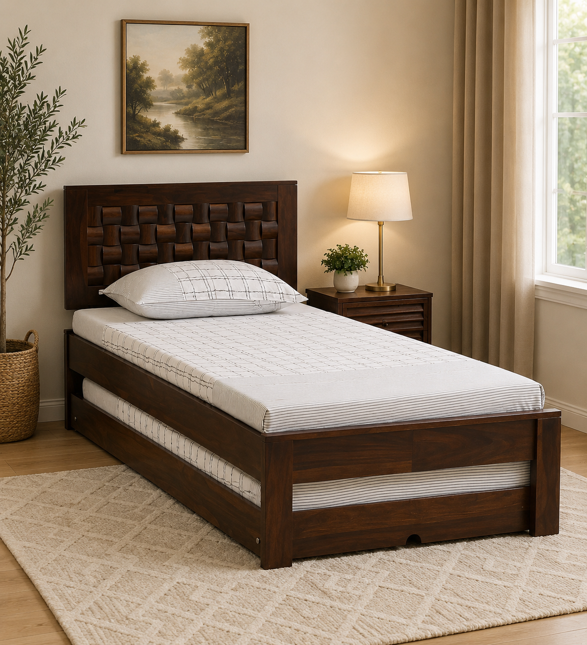 Farren Solid Sheesham Wood Single Bed with Solid Wood Headboard in Honey Finish (1) Farren Solid Sheesham Wood Single Bed with Solid Wood Headboard in Honey Finish - Image 1