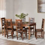 Haven Solid Sheesham Wood 6 Seater Dining Table Set with Upholstered Dining Chairs in Provincial Teak Finish