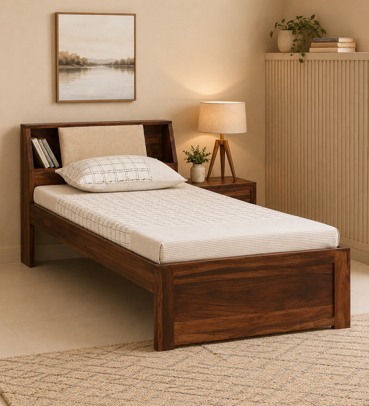 Haven Solid Sheesham Wood Single Bed with Minimalist Headboard in Provincial Teak Finish (1) Haven Solid Sheesham Wood Single Bed with Minimalist Headboard in Provincial Teak Finish - Image 1
