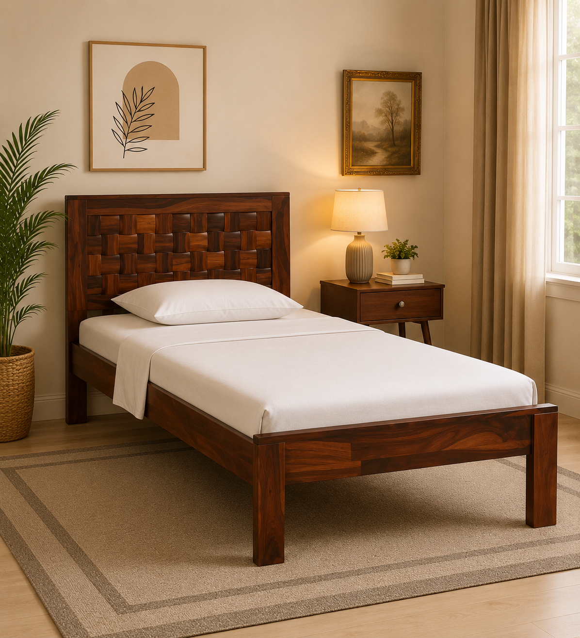Lennox Solid Sheesham Wood Single Bed with Elegant Wooden Headboard in Walnut Finish (1) Lennox Solid Sheesham Wood Single Bed with Elegant Wooden Headboard in Walnut Finish - Image 1