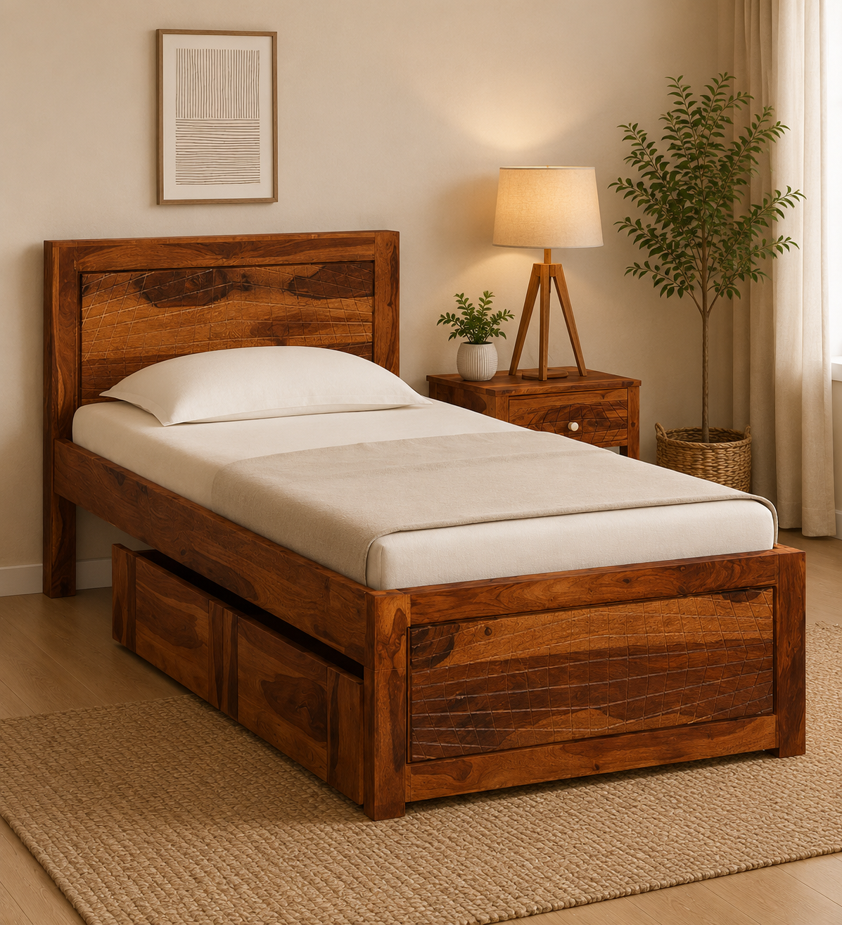 Marlow Solid Sheesham Wood Single Bed with Raised Headboard in Natural Teak Finish (1) Marlow Solid Sheesham Wood Single Bed with Raised Headboard in Natural Teak Finish - Image 1
