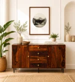 Modern Sheesham Wood Storage Cabinet with Spacious Shelves & Drawer for Living Room