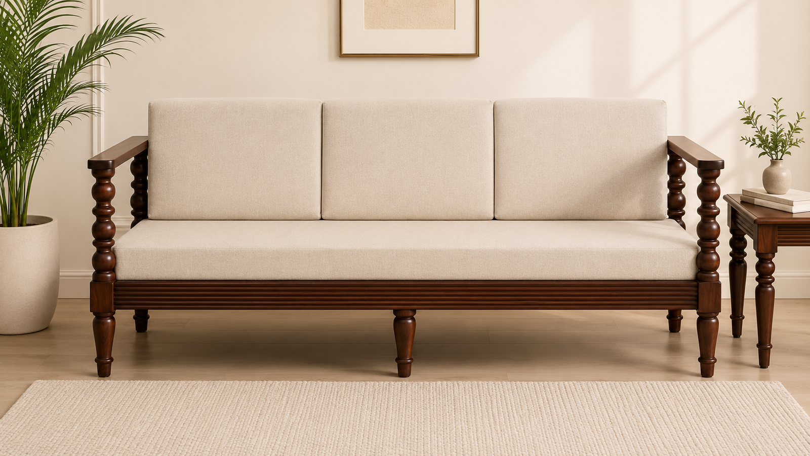 Myra Solid Wood 3 Seater Sofa with Spacious Cushioned Seating (1) Myra Solid Wood 3 Seater Sofa with Spacious Cushioned Seating - Image 1