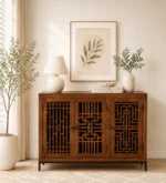 Natural Finish Handcrafted Sheesham Wood Tall Storage Cabinet