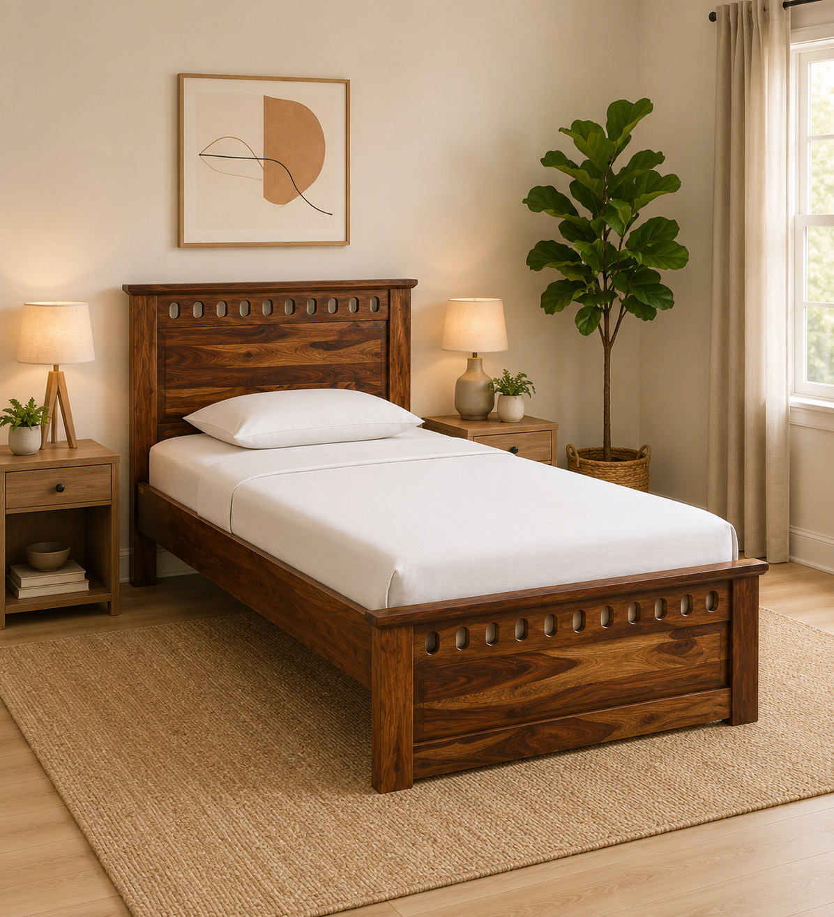 Nolan Solid Sheesham Wood Single Bed with Panelled Wooden Headboard in Rustic Finish (1) Nolan Solid Sheesham Wood Single Bed with Panelled Wooden Headboard in Rustic Finish - Image 1