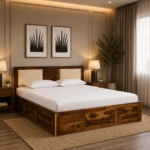 Orlina Solid Sheesham Wood Contemporary Storage Bed in Natural Wood Finish