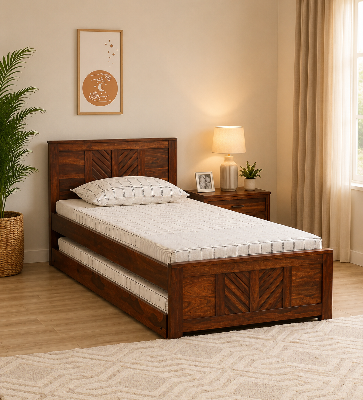 Rylan Solid Sheesham Wood Single Bed with Sleek Wooden Frame in Natural Walnut Finish (1) Rylan Solid Sheesham Wood Single Bed with Sleek Wooden Frame in Natural Walnut Finish - Image 1