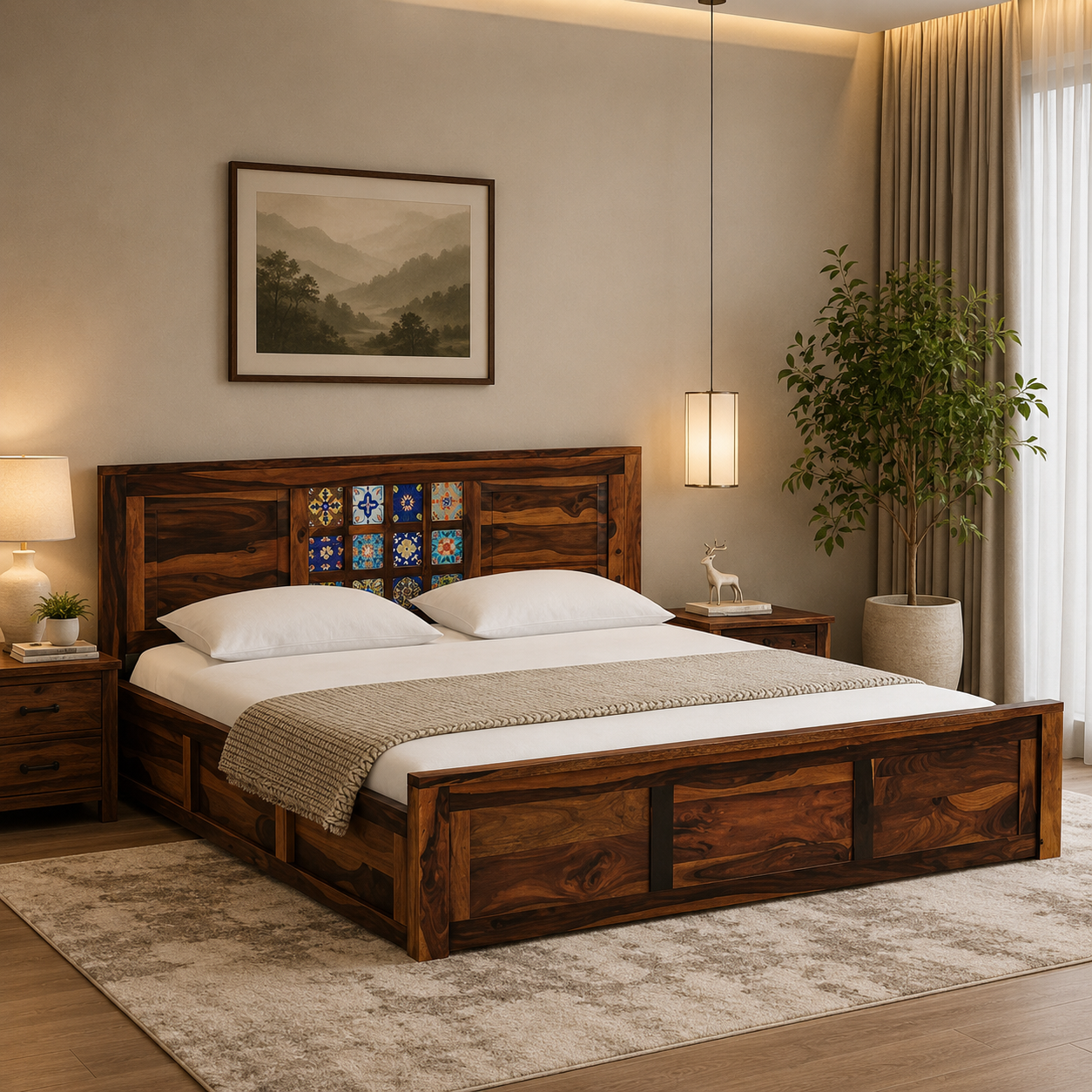 Vareli Solid Sheesham Wood Elegant Storage Bed in Honey Finish (1) Vareli Solid Sheesham Wood Elegant Storage Bed in Honey Finish - Image 1