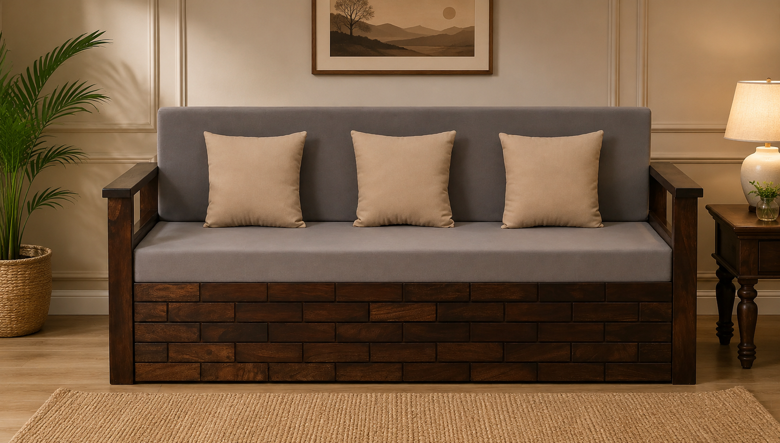 Vedant Solid Wood 3 Seater Sofa Cum Bed in Provincial Teak Finish (1) Vedant Solid Wood 3 Seater Sofa Cum Bed in Provincial Teak Finish - Image 1