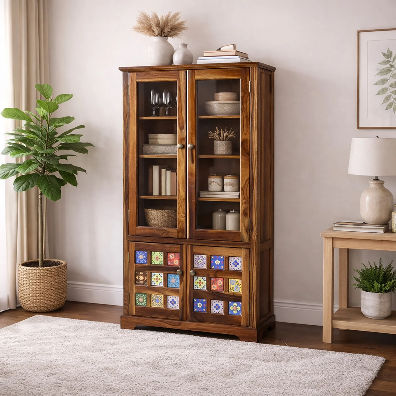 Woodhaven Contemporary Premium Solid Wood Crockery Display Storage Cabinet (1) Woodhaven Contemporary Premium Solid Wood Crockery Display Storage Cabinet - Image 1